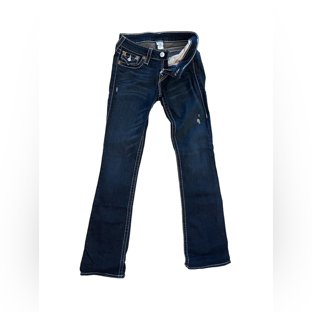 True Religion Sz:26 High Rise Boot Cut Dark Wash White Stitch